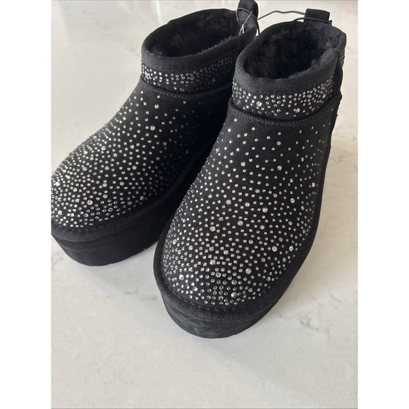 Mini Platform Ankle Boots Bootie Black Sz 7.5 Rock And Candy Sequin Crystals New - Picture 1 of 5